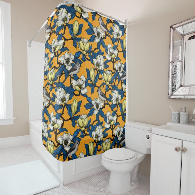 Blooming magnolia and titmouse bird 3 shower curtain (In Situ)