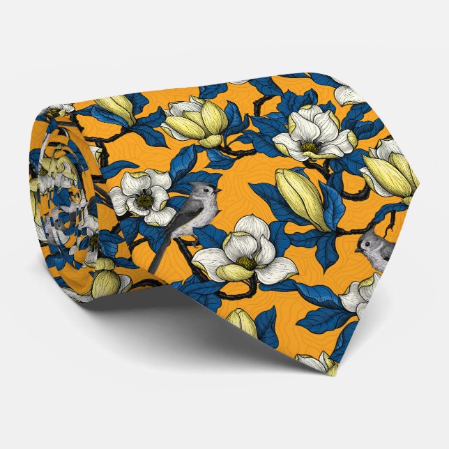 Blooming magnolia and titmouse bird 3 tie (Rolled)