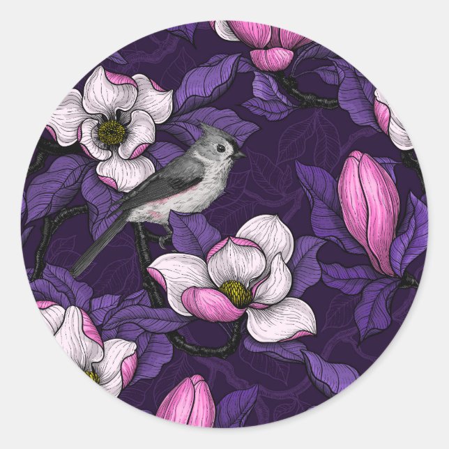 Blooming magnolia and titmouse bird 4 classic round sticker (Front)