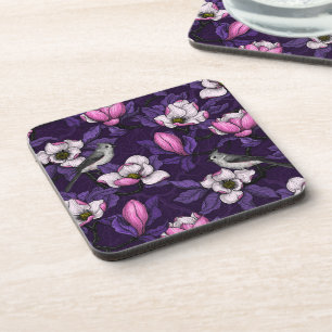Blooming magnolia and titmouse bird 4 coaster