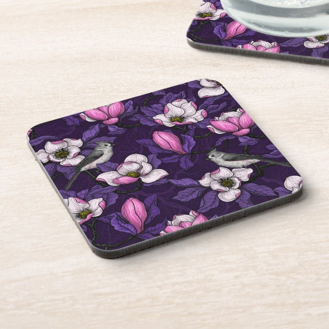 Blooming magnolia and titmouse bird 4 coaster (Left Side)