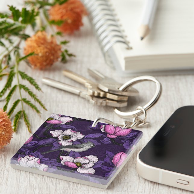 Blooming magnolia and titmouse bird 4 key ring (Front Right)