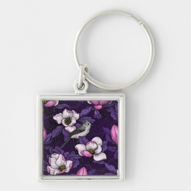 Blooming magnolia and titmouse bird 4 key ring (Front)