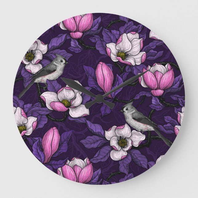 Blooming magnolia and titmouse bird 4 large clock (Front)