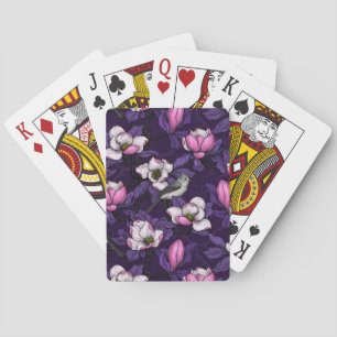 Blooming magnolia and titmouse bird 4 playing cards