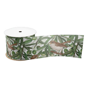 Blooming magnolia and titmouse bird 4 satin ribbon