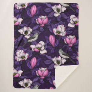 Blooming magnolia and titmouse bird 4 sherpa blanket
