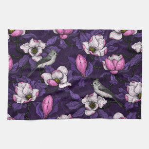 Blooming magnolia and titmouse bird 4 tea towel