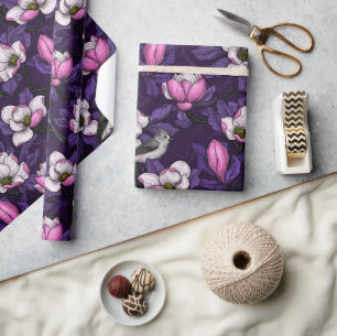 Blooming magnolia and titmouse bird 4 wrapping paper