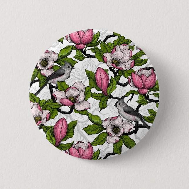 Blooming magnolia and titmouse bird 6 cm round badge (Front)