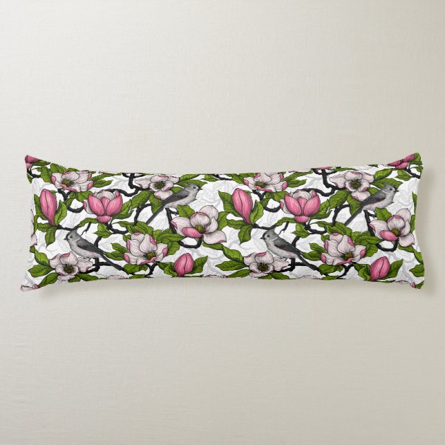 Blooming magnolia and titmouse bird body cushion (Front)