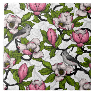 Blooming magnolia and titmouse bird ceramic tile