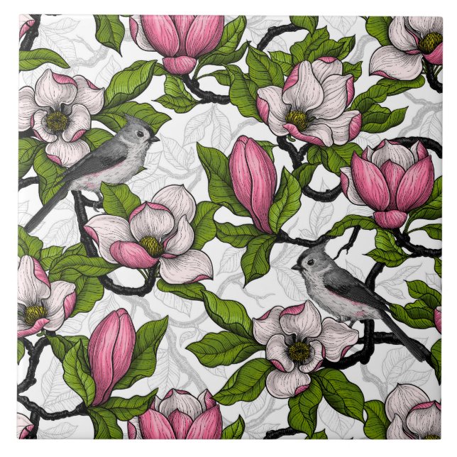 Blooming magnolia and titmouse bird ceramic tile (Front)