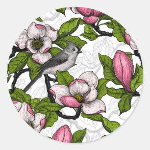 Blooming magnolia and titmouse bird classic round sticker