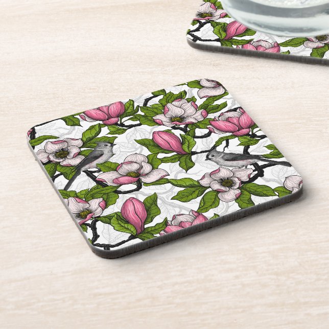 Blooming magnolia and titmouse bird coaster (Left Side)