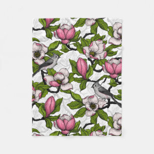 Blooming magnolia and titmouse bird fleece blanket