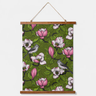 Blooming magnolia and titmouse bird hanging tapest tapestry