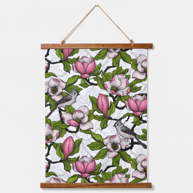Blooming magnolia and titmouse bird hanging tapestry (Front)