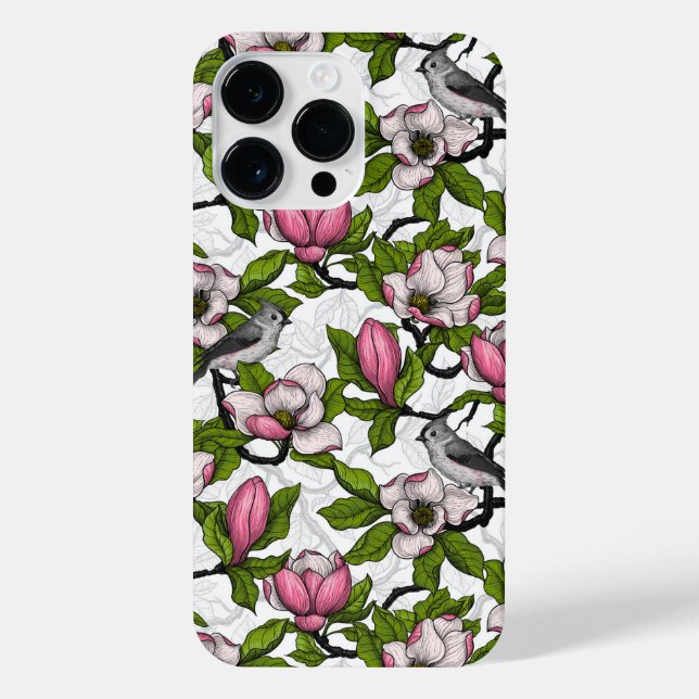 Blooming magnolia and titmouse bird iPhone case (Back)