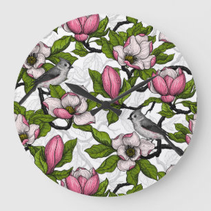 Blooming magnolia and titmouse bird large clock