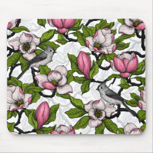 Blooming magnolia and titmouse bird mouse pad