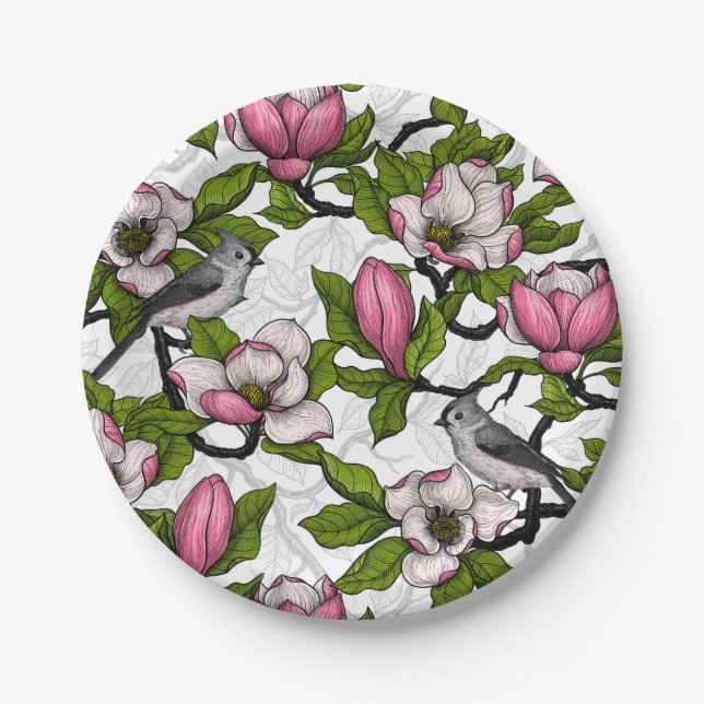 Blooming magnolia and titmouse bird paper plate (Front)