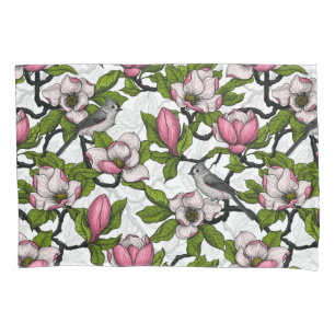 Blooming magnolia and titmouse bird pillowcase