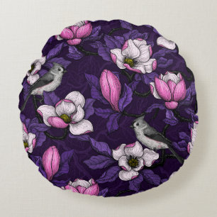 Blooming magnolia and titmouse bird round pillow
