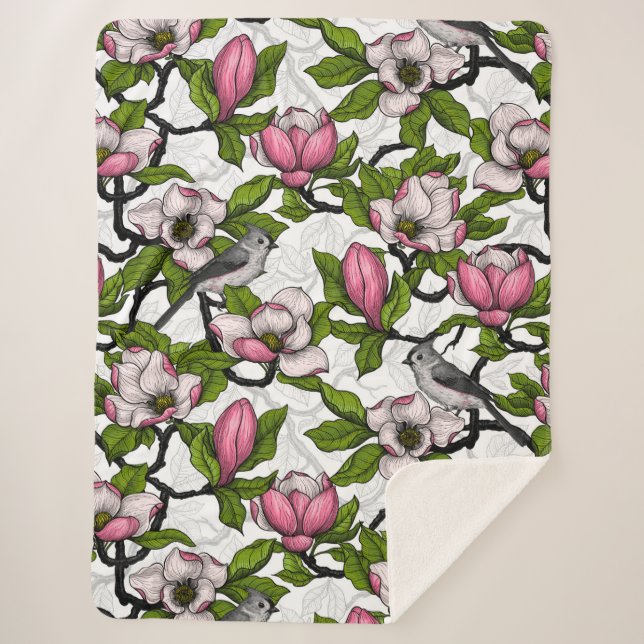 Blooming magnolia and titmouse bird sherpa blanket (Front)
