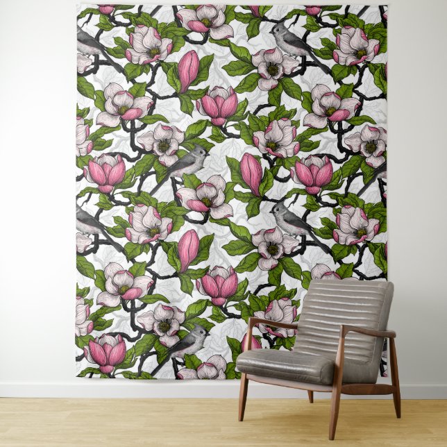 Blooming magnolia and titmouse bird tapestry (In Situ)