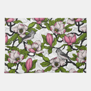 Blooming magnolia and titmouse bird tea towel