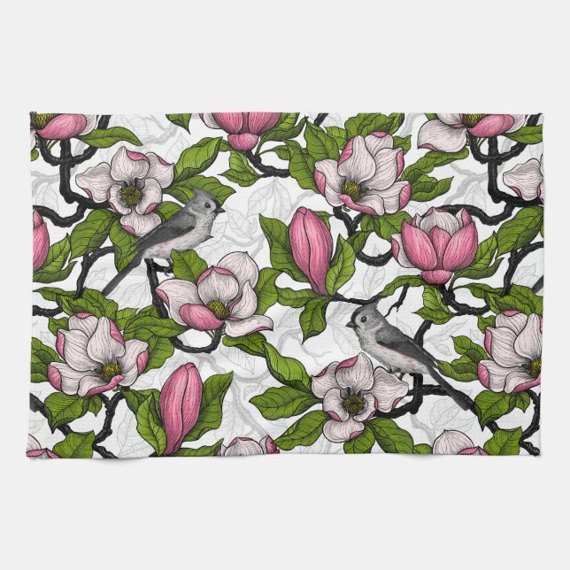 Blooming magnolia and titmouse bird tea towel (Horizontal)