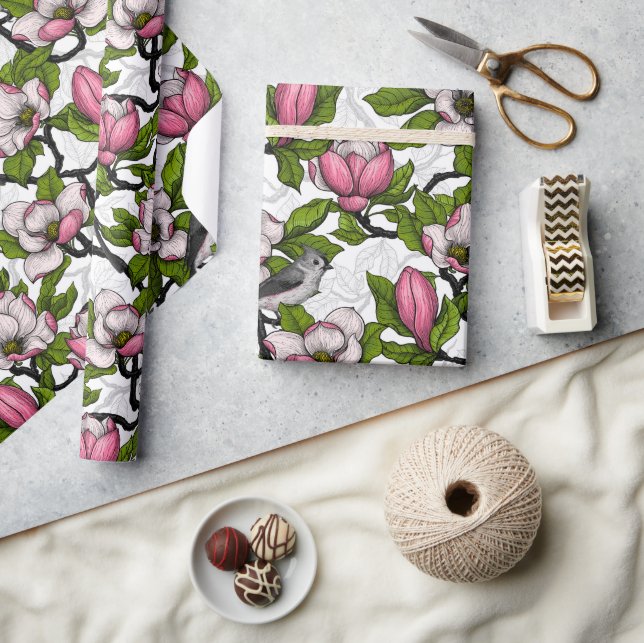 Blooming magnolia and titmouse bird wrapping paper (Crafts)