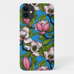 Blooming magnolia on blue iPhone 11 case