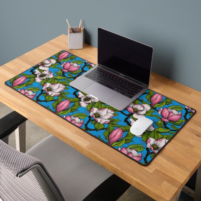 Blooming magnolia on blue desk mat (Office 2)