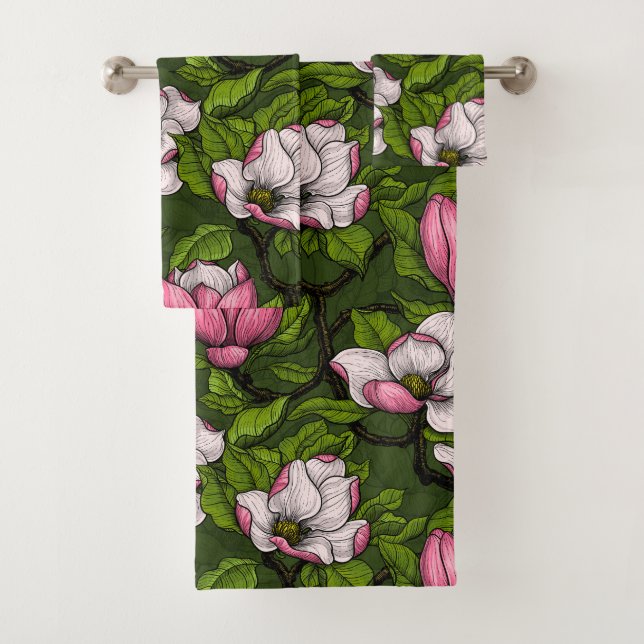 Blooming magnolia on dark green bath towel set (Insitu)