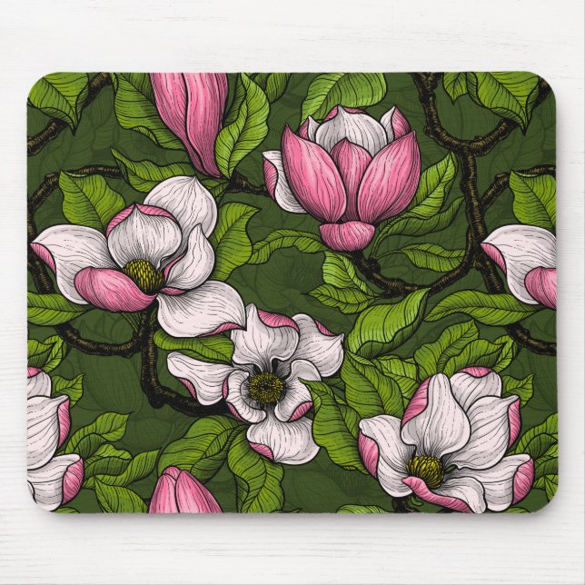 Blooming magnolia on dark green mouse pad (Front)