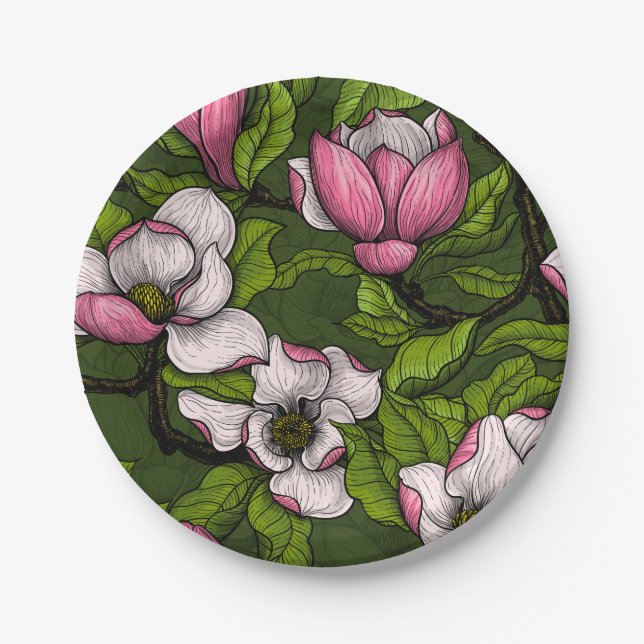 Blooming magnolia on dark green paper plate (Front)