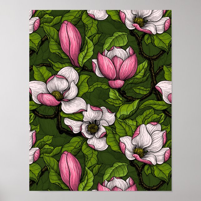Blooming magnolia on dark green poster (Front)