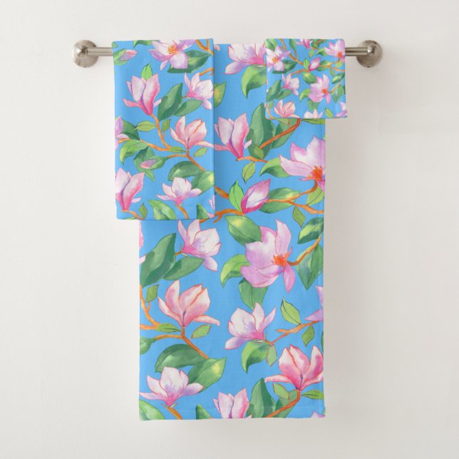 Blooming magnolia on sky blue bath towel set (Insitu)