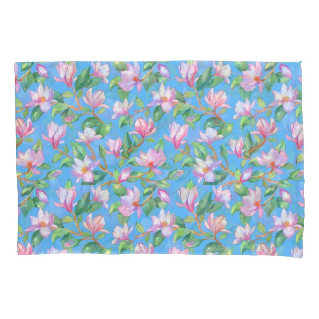 Blooming magnolia on sky blue pillowcase (Front)
