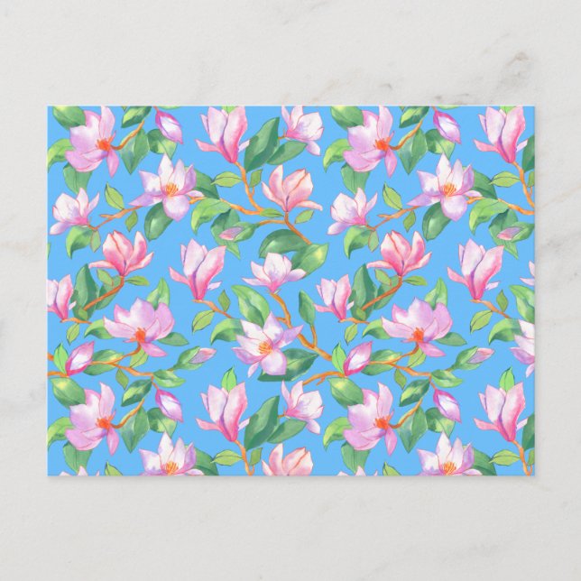 Blooming magnolia on sky blue postcard (Front)