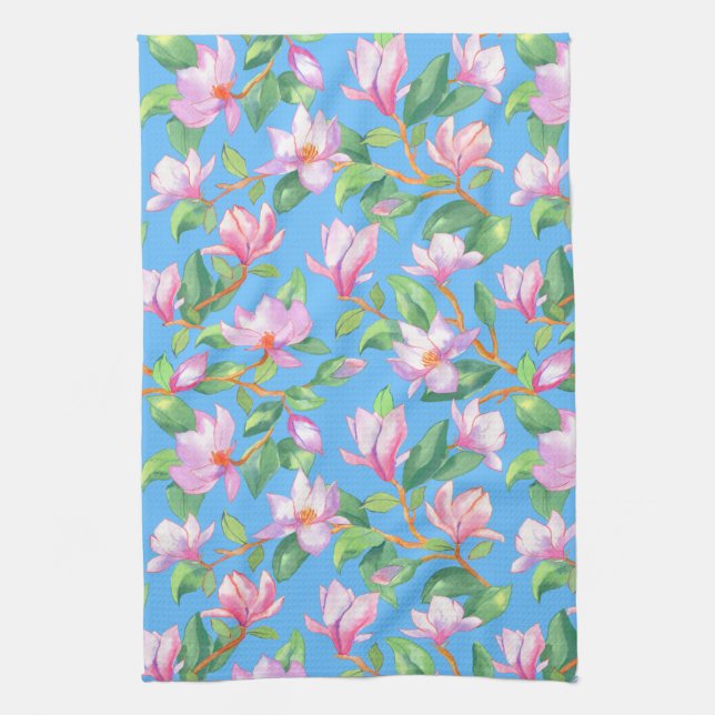 Blooming magnolia on sky blue tea towel (Vertical)