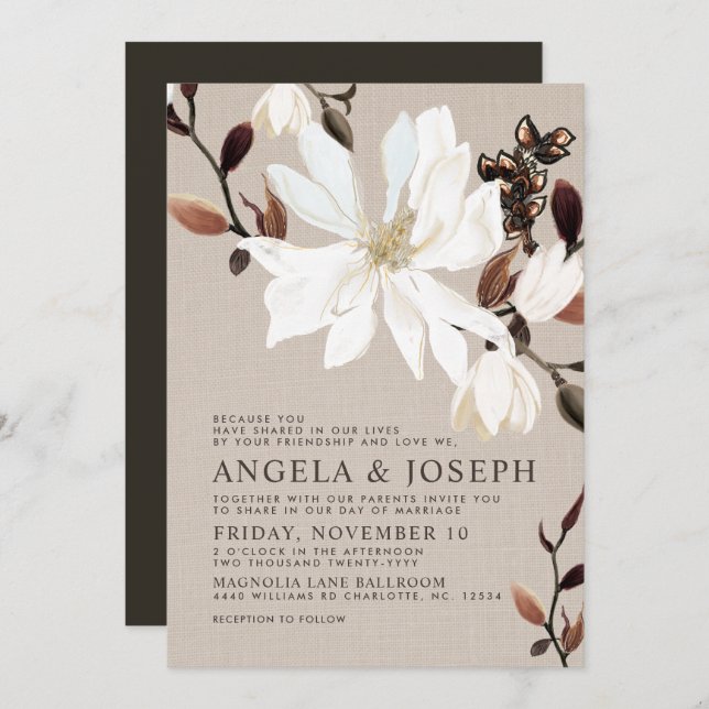 Blooming Magnolias Burlap | Brown Wedding Invitation (Front/Back)