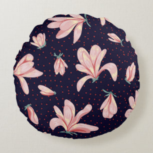 Blooming magnolias, hand-drawn vintage pattern. round cushion