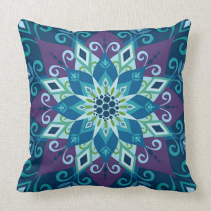Blooming Mandala-Blue-Large Scale-Throw Pillow