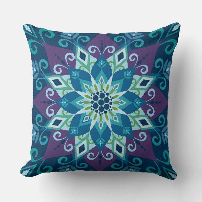 Blooming Mandala-Blue-Large Scale-Throw Pillow (Front)