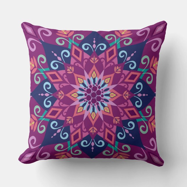 Blooming Mandala-Purple-Large Scale-Throw Pillow (Front)