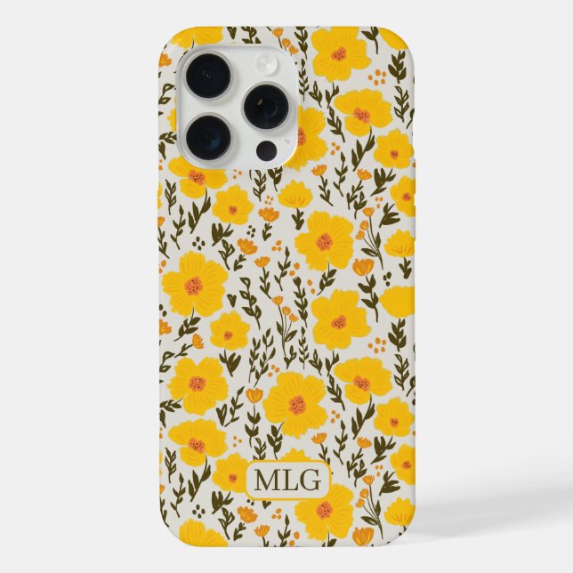 Blooming meadow yellow flowers pattern & Monogram  iPhone Case (Back)