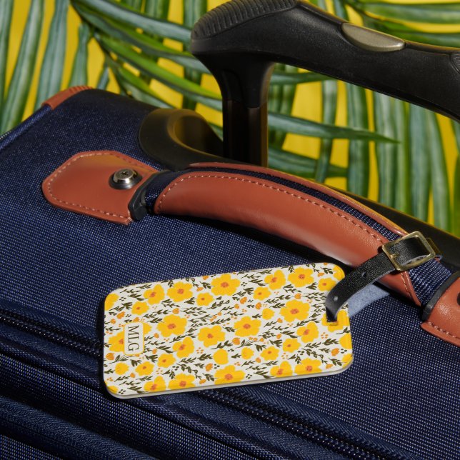 Blooming meadow yellow flowers pattern & Monogram  Luggage Tag (Front Insitu 3)
